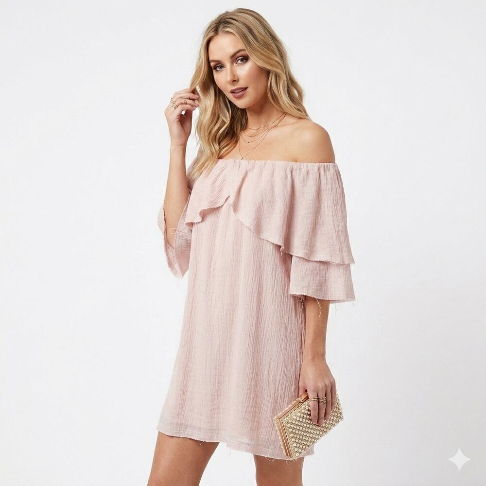 Suboo Perfect Day Off Shoulder Dress Pink Split Ruffle Neck Size 4 NEW WITH TAGS